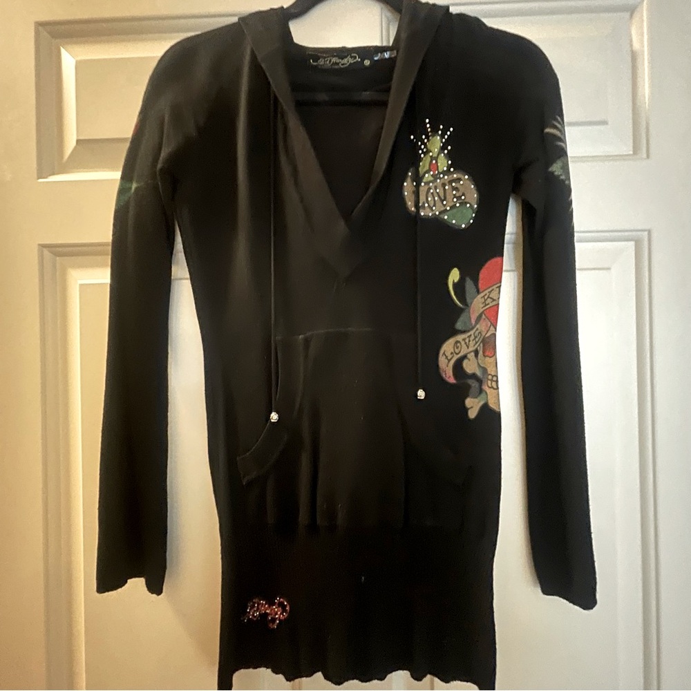 Vintage Ed Hardy Love Kills Slowly Skull Heart Roses Knit Hoodie